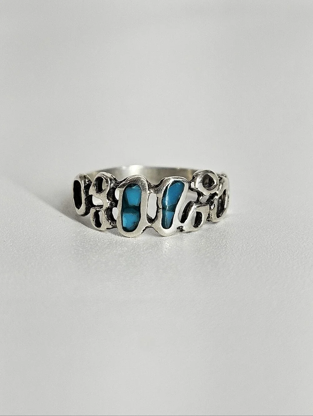 Silver 925 Size 6 Ring Abstract Vintage Turquoise Band Hand Crafted Southwestern
